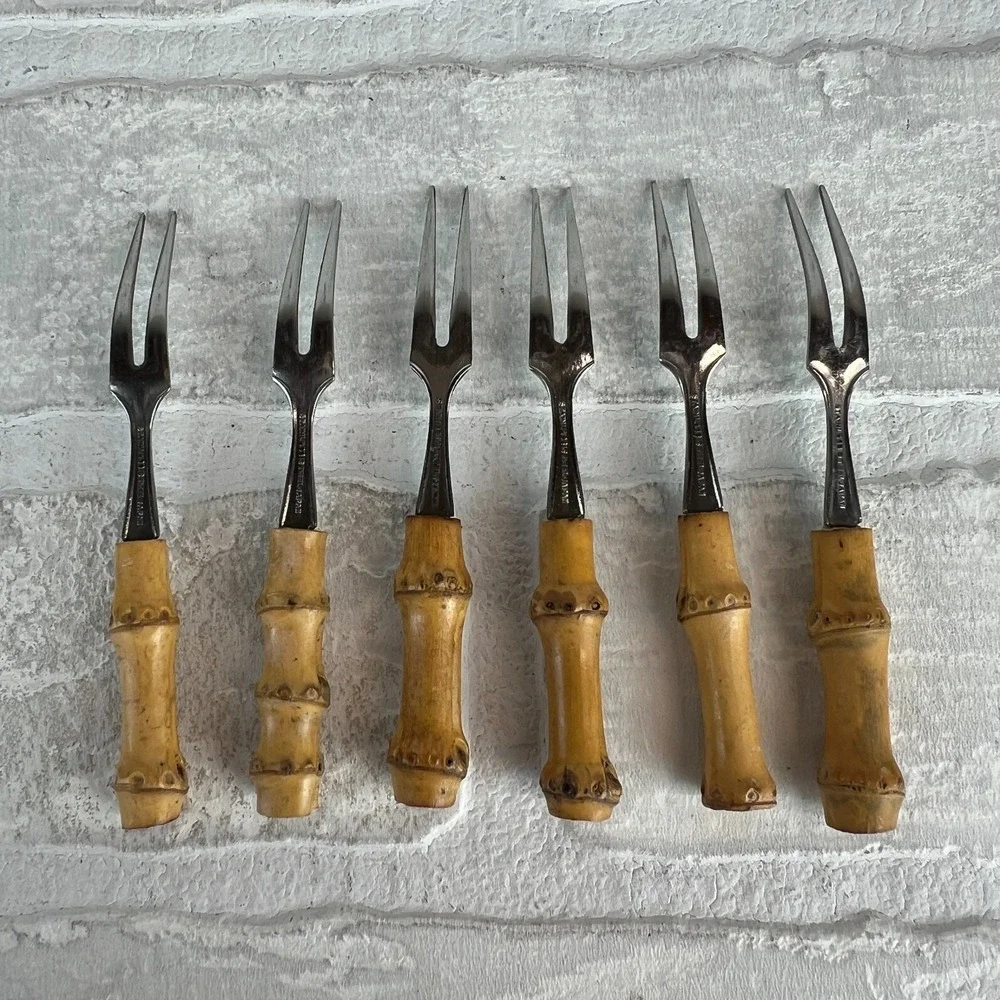 Viking Bamboo Little Forks 6 Cocktail Hand Made Set Original Box Japan Vintage